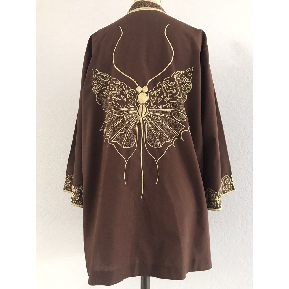 Vintage 1970s Brown Cotton Blend Floral Butterfly Embroidered Relaxed Top L - Picture 6 of 10